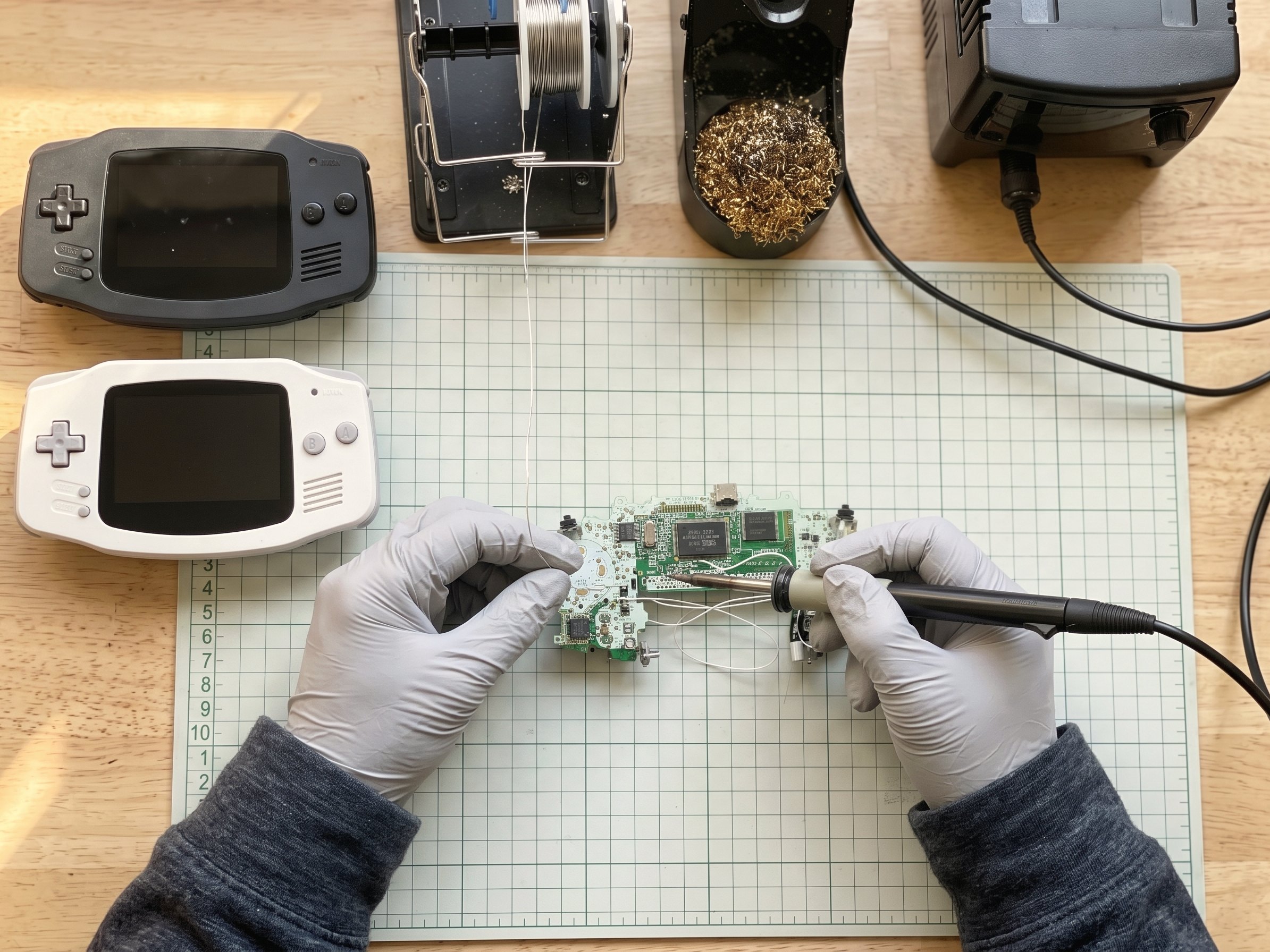 ゲーム機の基板をはんだごてで直す手元（イメージ）