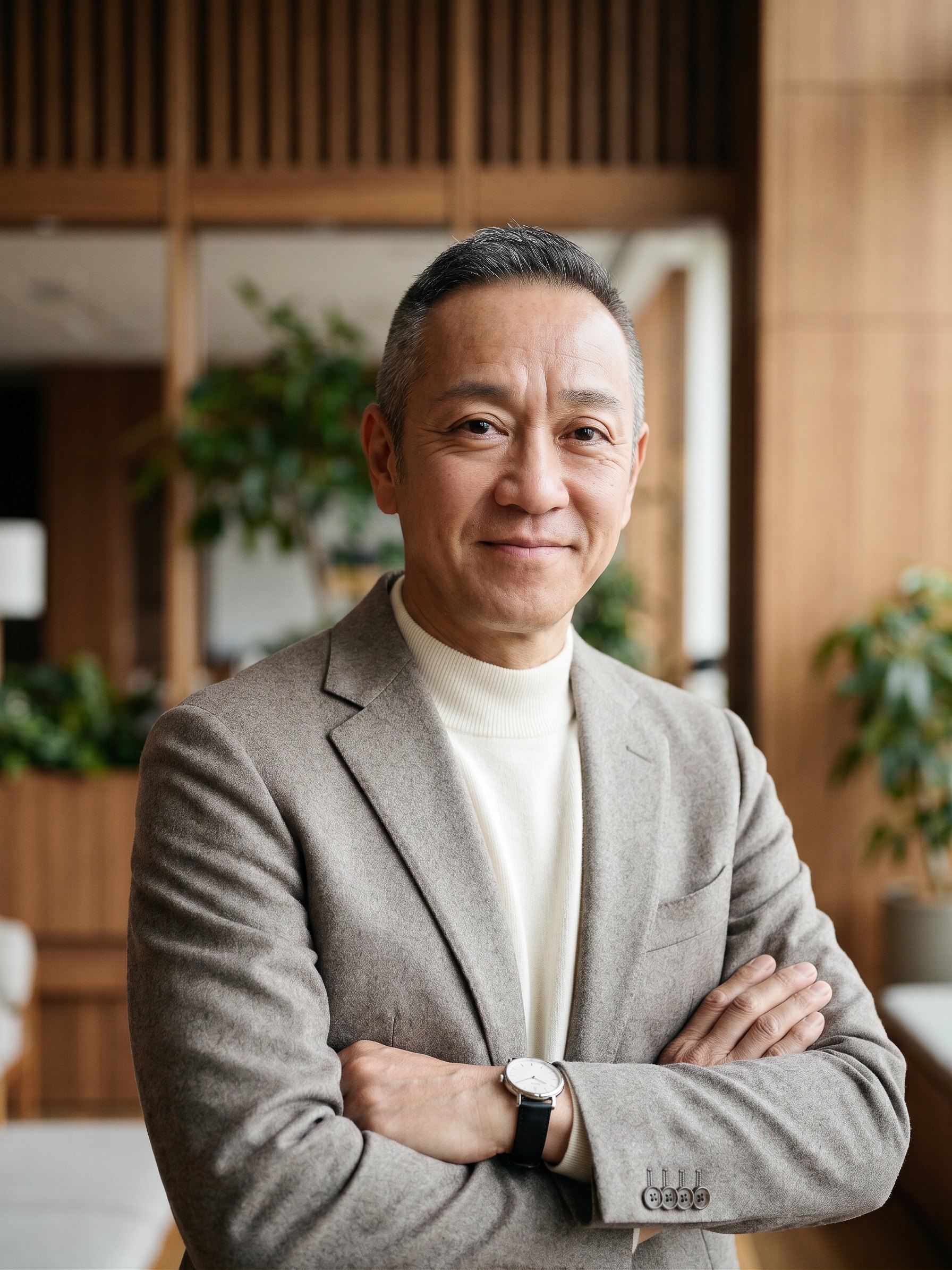 木の壁と観葉植物を背に、ジャケット姿で腕を組んで微笑む代表
